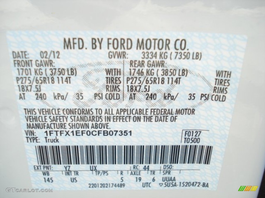 2012 F150 Color Code YZ for Oxford White Photo #61574826