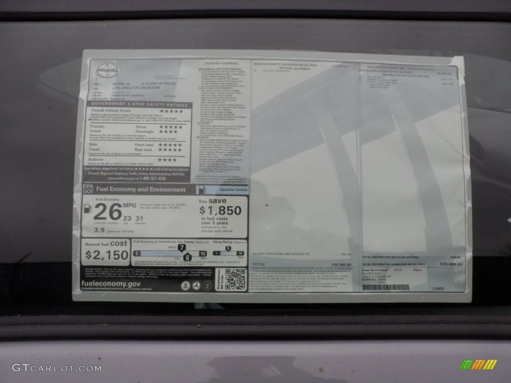 2012 Scion tC Standard tC Model Window Sticker Photo #61582271