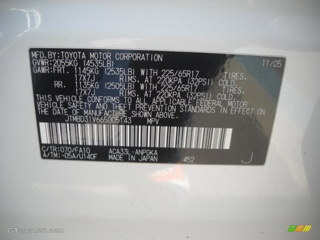 2006 RAV4 Color Code 070 for Blizzard White Pearl Photo #61585203