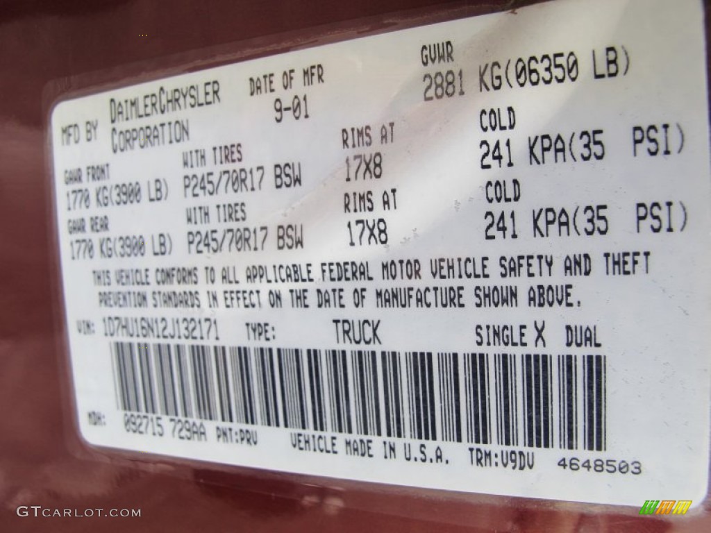 2002 Ram 1500 Color Code PRV for Dark Garnet Red Pearlcoat Photo #61589160