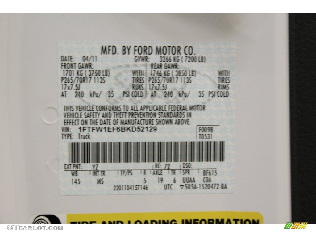 2011 F150 Color Code YZ for Oxford White Photo #61591035