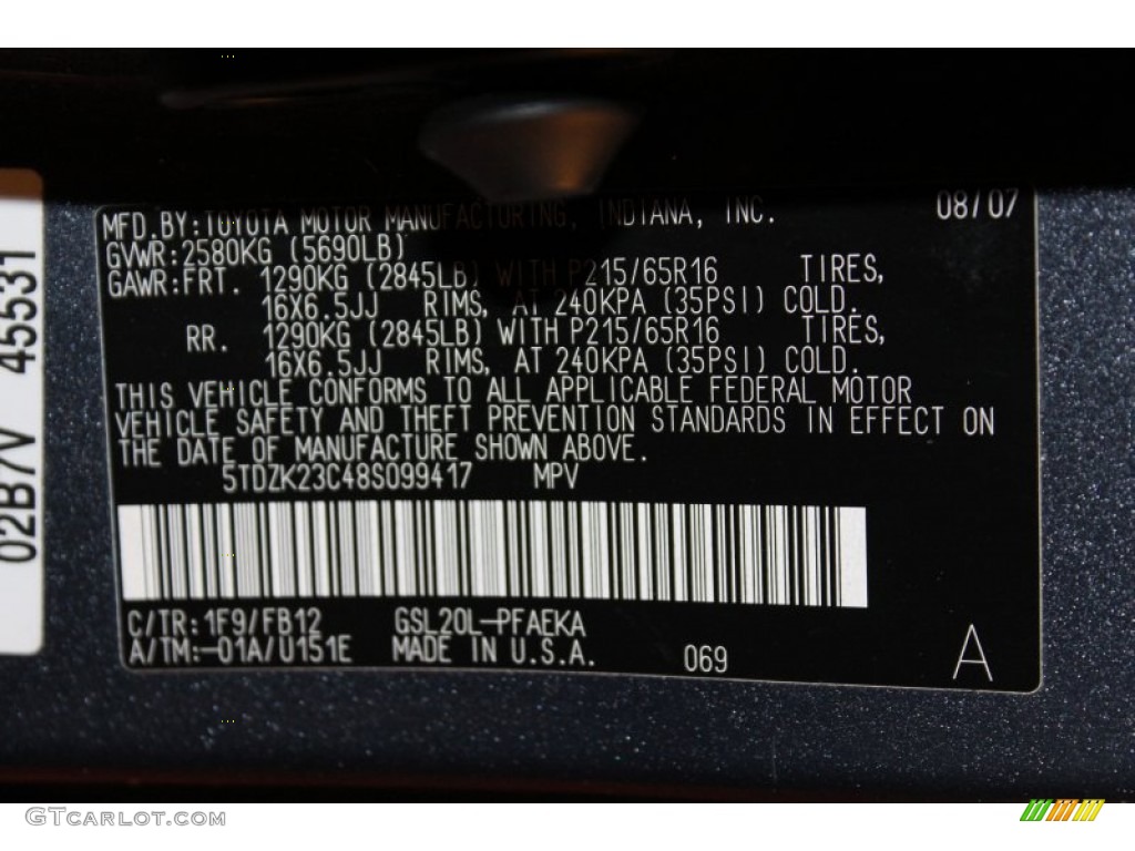 2008 Sienna Color Code 1F9 for Slate Metallic Photo #61597326
