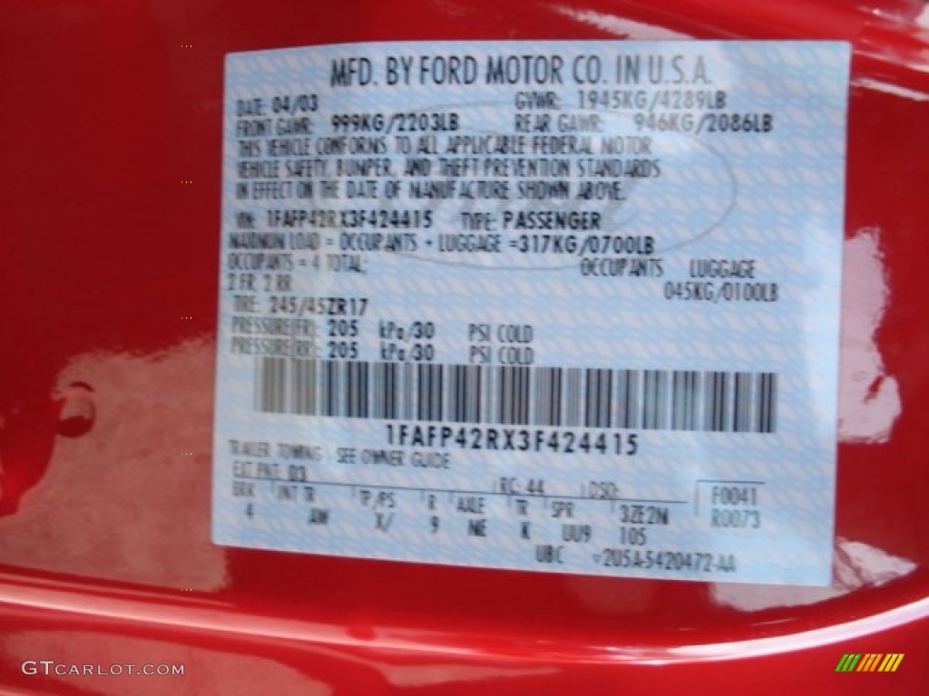 2003 Mustang Color Code D3 for Torch Red Photo #61615542