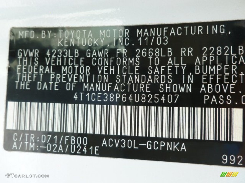 2004 Solara Color Code 071 for Arctic Frost Pearl Photo #61637822