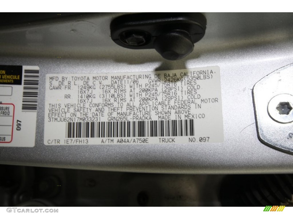 2007 Toyota Tacoma V6 SR5 PreRunner Double Cab Color Code Photos