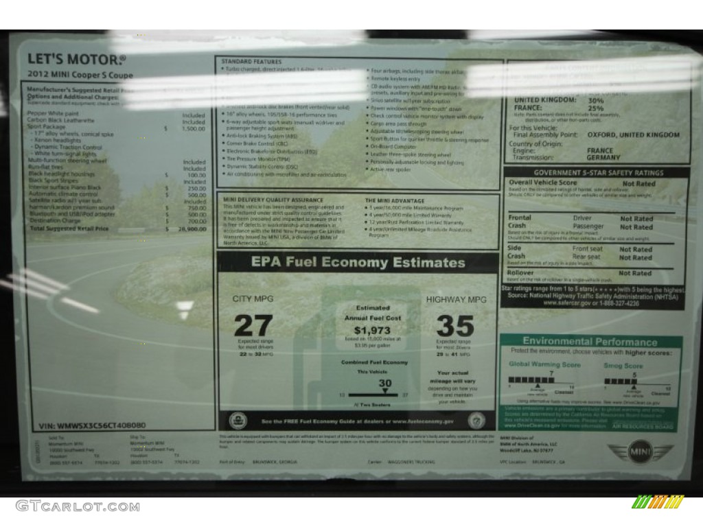 2012 Mini Cooper S Coupe Window Sticker Photo #61656876