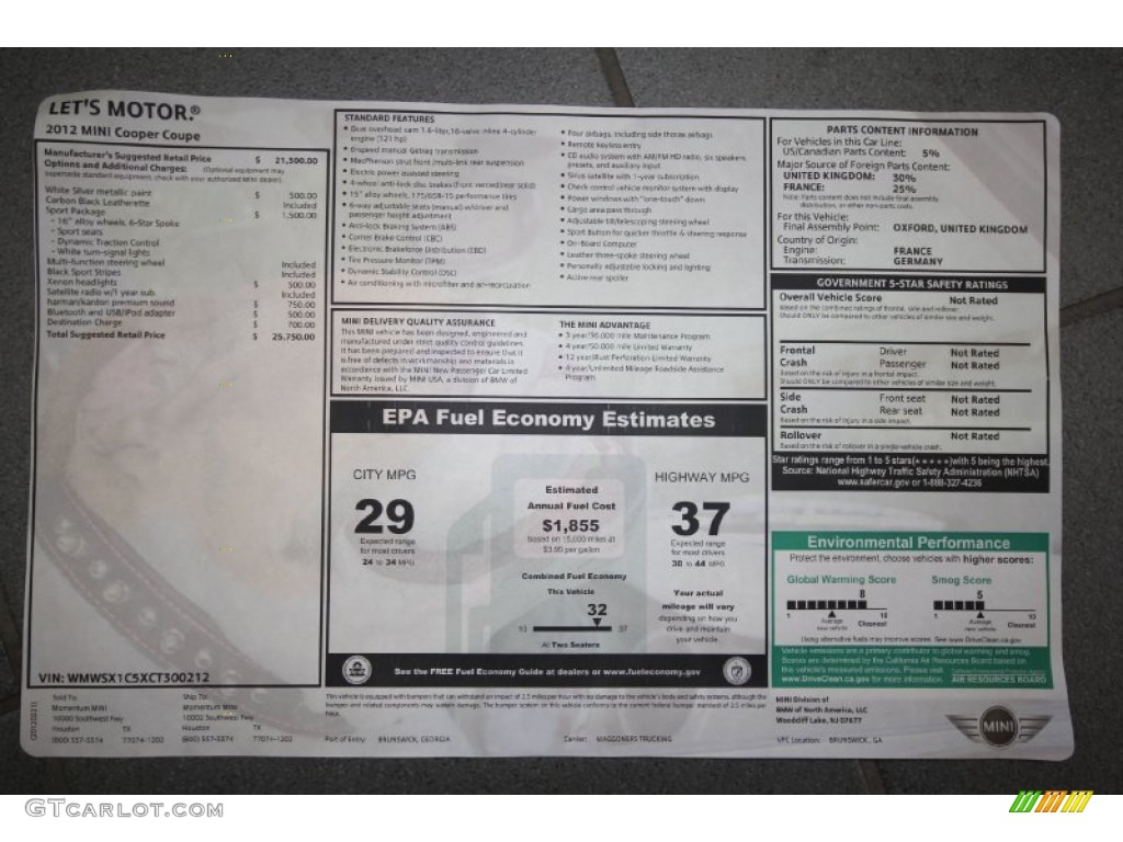 2012 Mini Cooper Coupe Window Sticker Photos