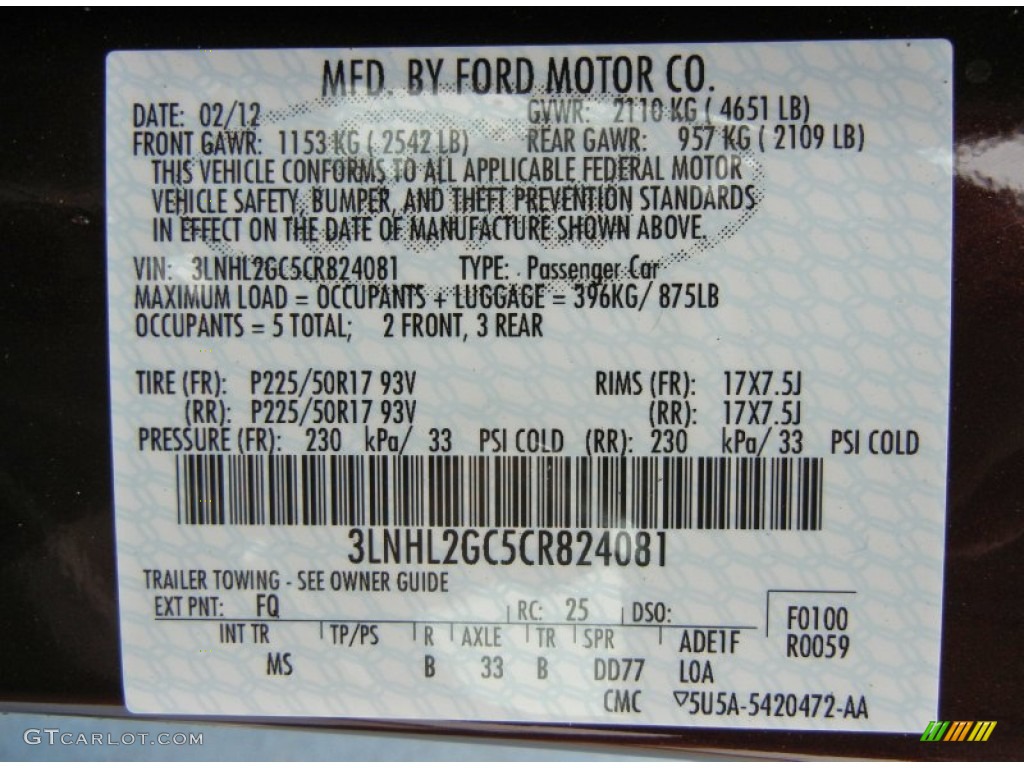 2012 MKZ Color Code FQ for Bordeaux Reserve Metallic Photo #61658371