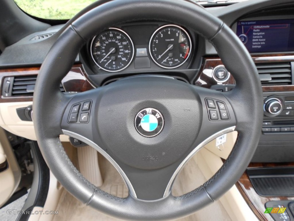 2010 BMW 3 Series 328i Convertible Cream Beige Steering Wheel Photo #61659364