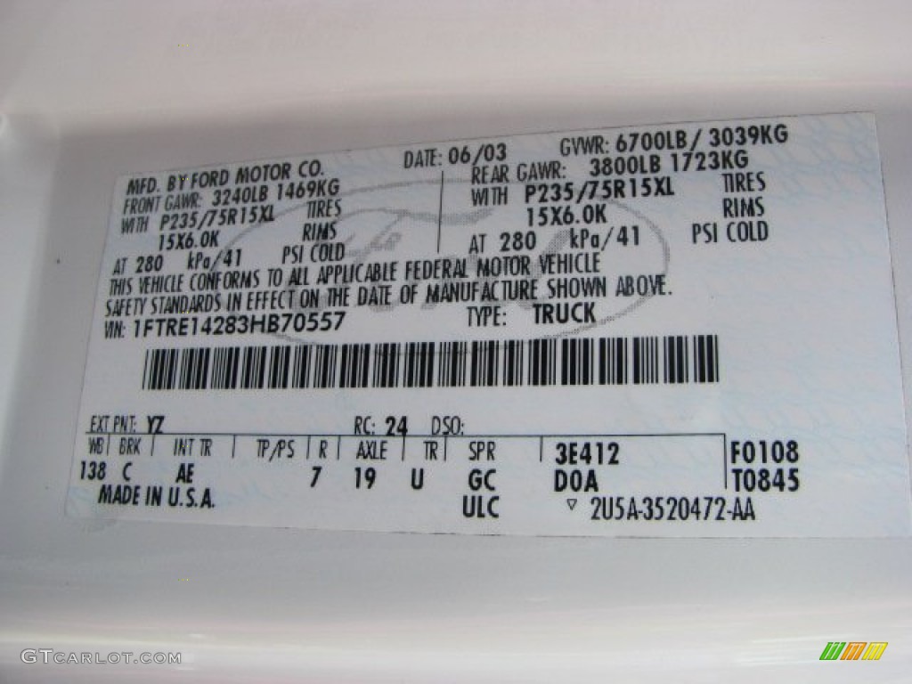 2003 Ford E Series Van E150 Commercial Color Code Photos