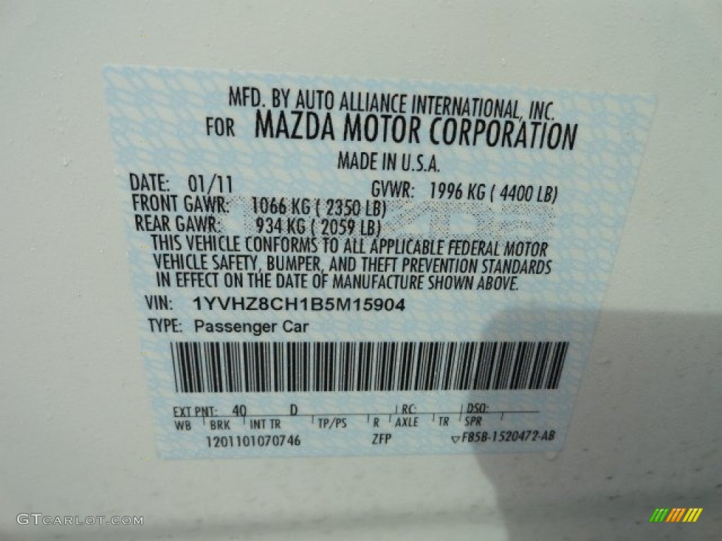 2011 MAZDA6 Color Code 40D for Techno White Pearl Photo #61661768