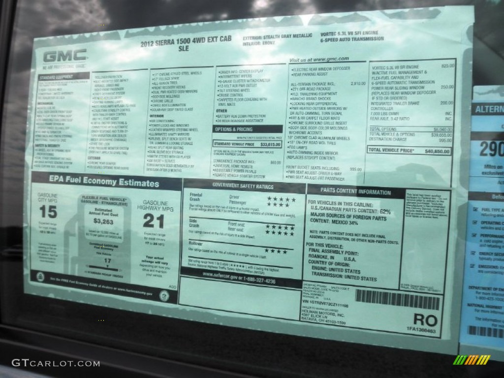 2012 GMC Sierra 1500 SLE Extended Cab 4x4 Window Sticker Photo #61663534