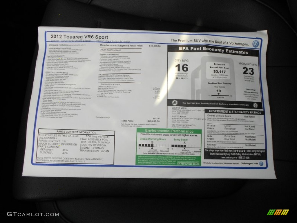2012 Volkswagen Touareg VR6 FSI Sport 4XMotion Window Sticker Photo #61665333