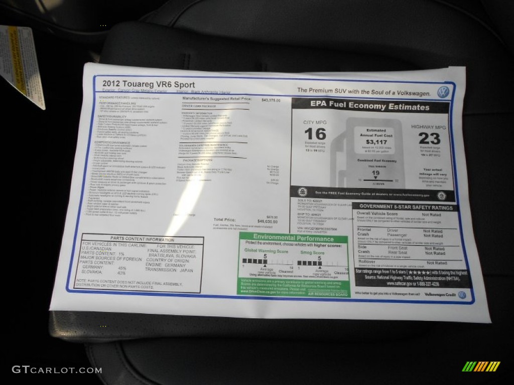2012 Volkswagen Touareg VR6 FSI Sport 4XMotion Window Sticker Photo #61665547