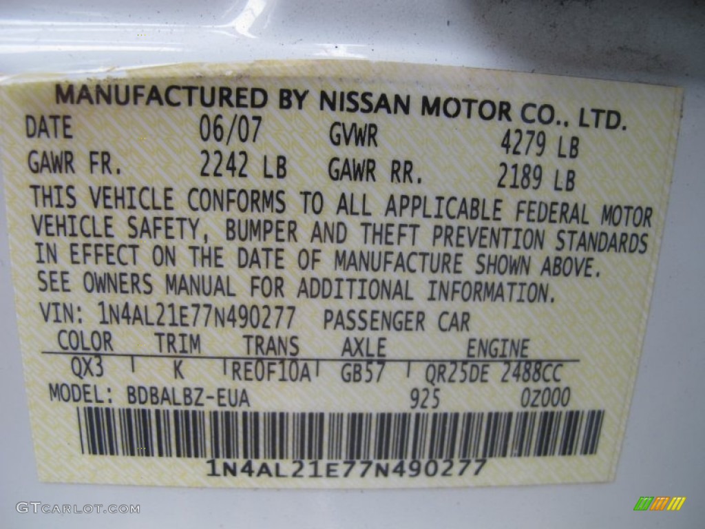 2007 Altima Color Code QX3 for Winter Frost Pearl Photo #61671955