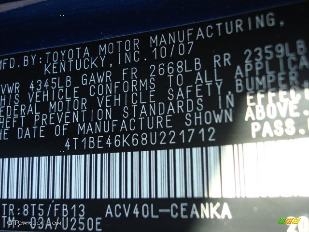 2008 Camry Color Code 8T5 for Blue Ribbon Metallic Photo #61675690