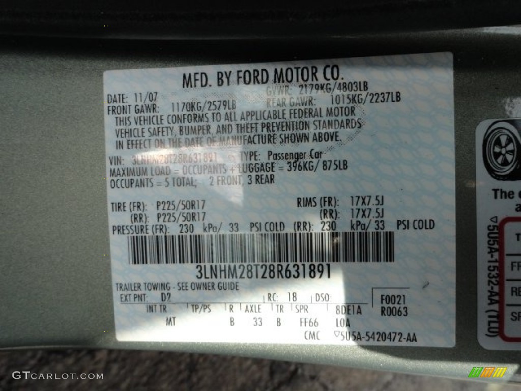 2008 MKZ Color Code D2 for Moss Green Metallic Photo #61675978