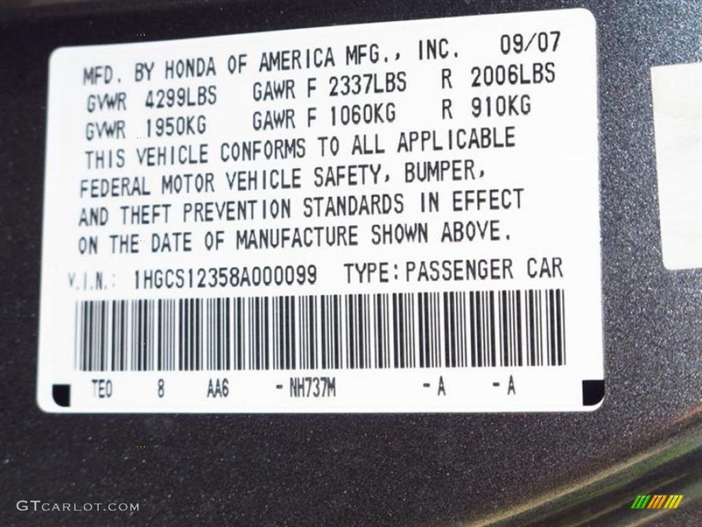 2008 Honda Accord LX-S Coupe Color Code Photos