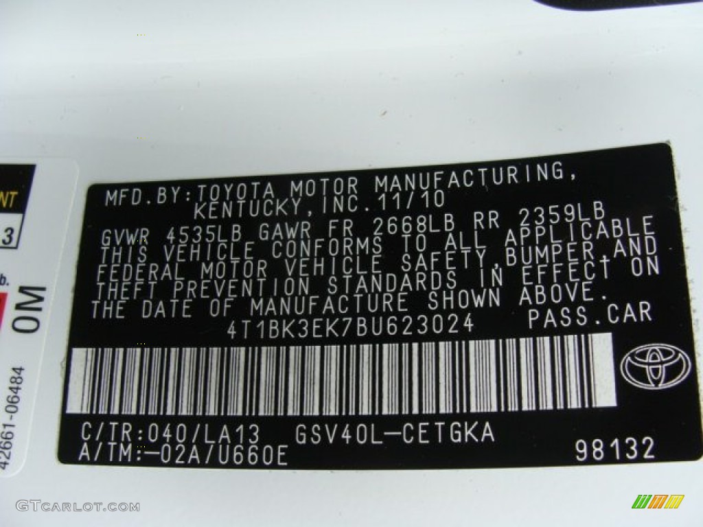 2011 Camry Color Code 040 for Super White Photo #61690958