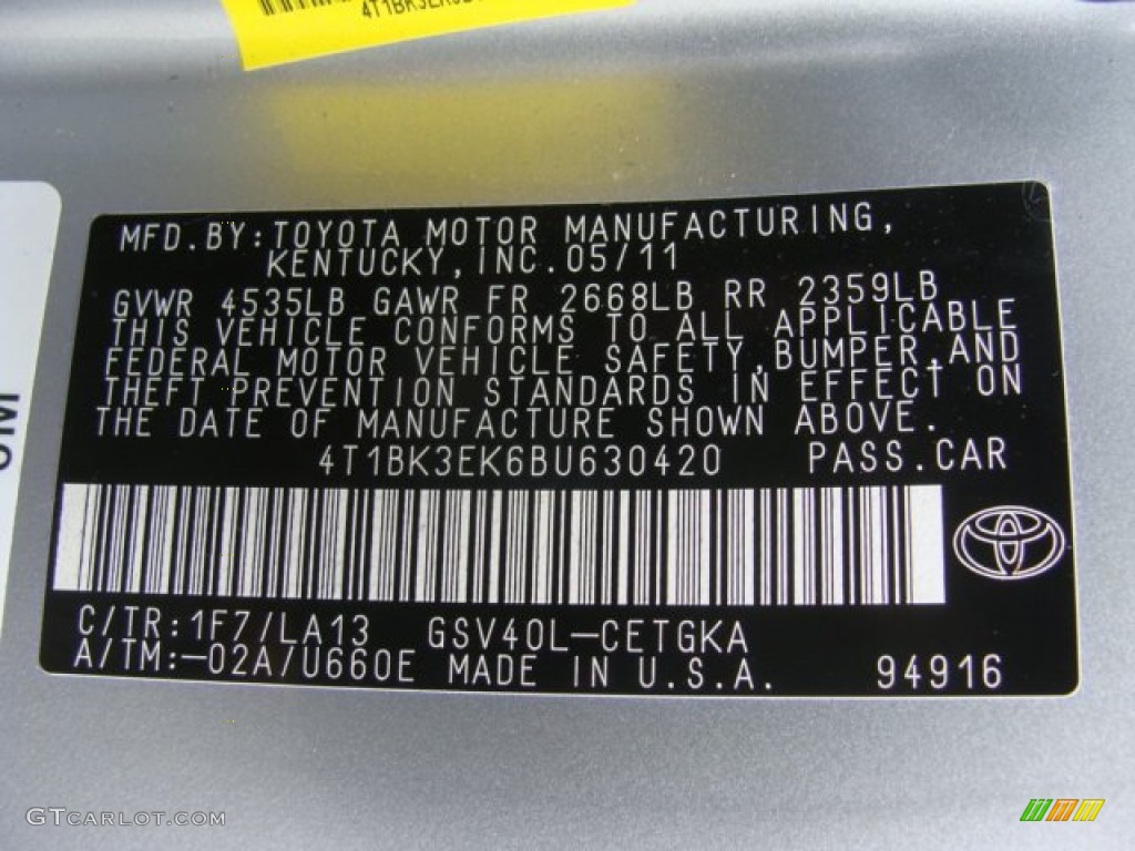 2011 Camry Color Code 1F7 for Classic Silver Metallic Photo #61691201