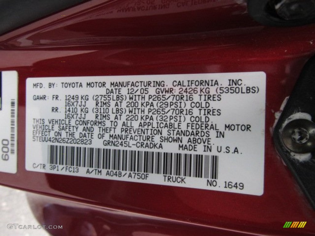 2006 Toyota Tacoma V6 TRD Access Cab 4x4 Color Code Photos