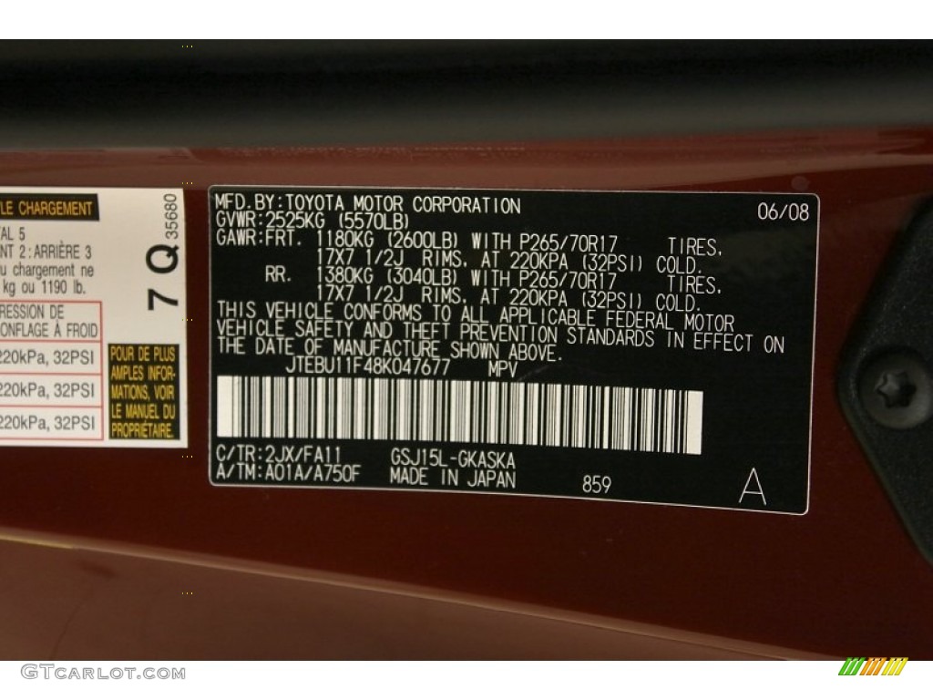 2008 FJ Cruiser Color Code 2JX for Brick Red Photo #61708506