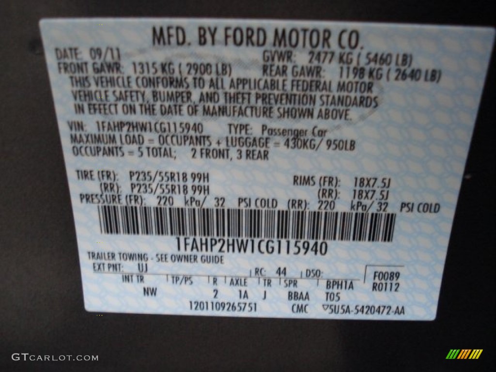 2012 Ford Taurus SEL AWD Color Code Photos