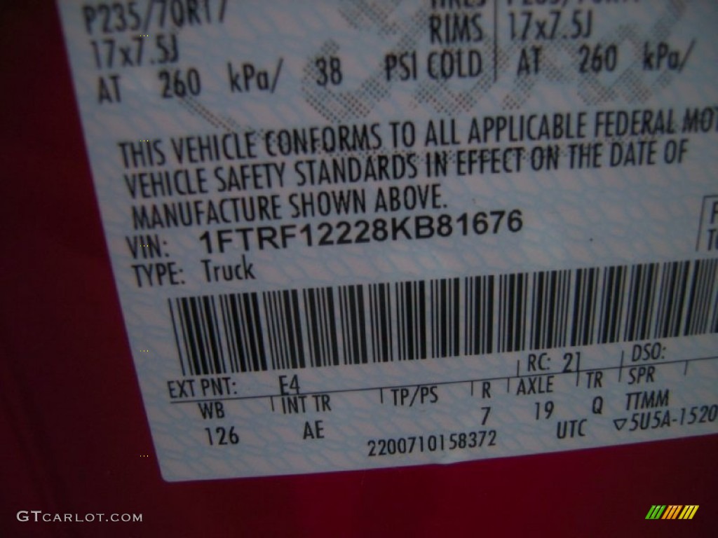 2008 F150 Color Code E4 for Bright Red Photo #61716600