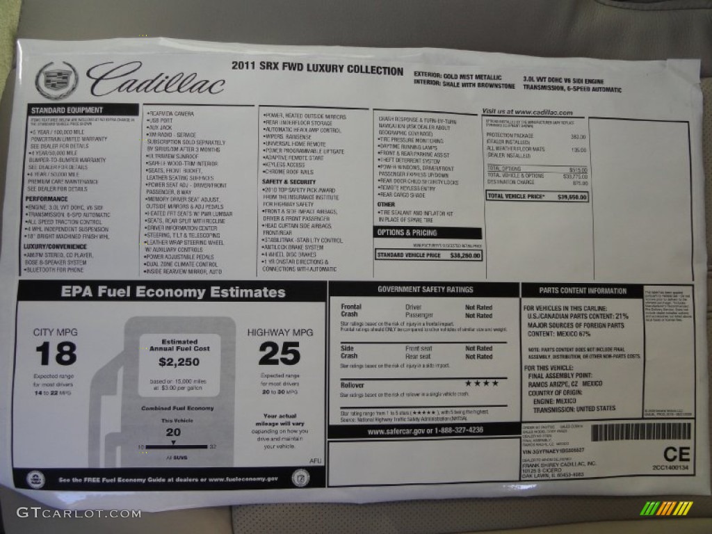 2011 Cadillac SRX FWD Window Sticker Photo #61723413