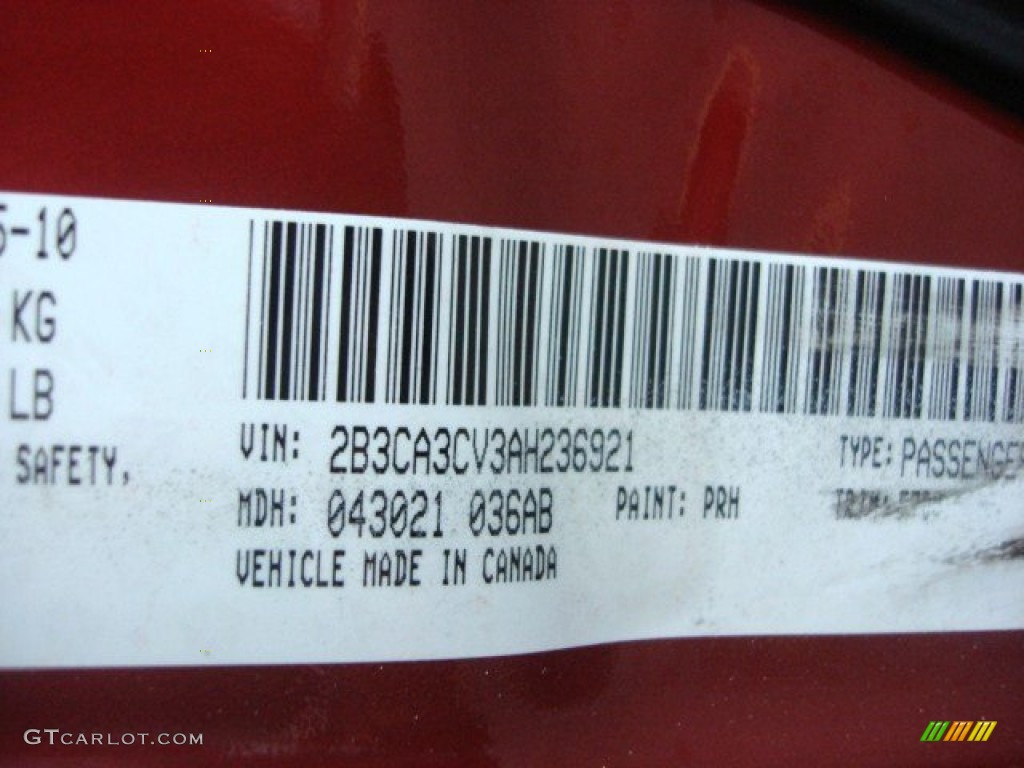 2010 Charger Color Code PRH for Inferno Red Crystal Pearl Photo #61728279