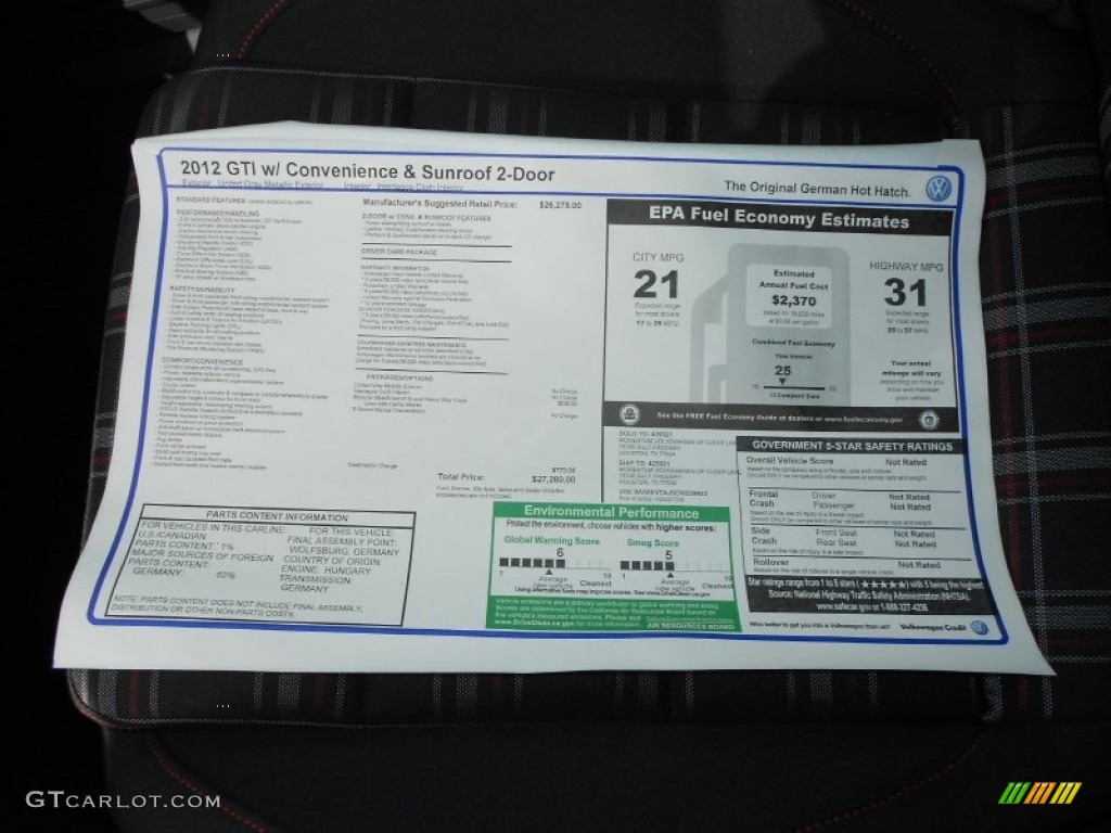 2012 Volkswagen GTI 2 Door Window Sticker Photo #61736949