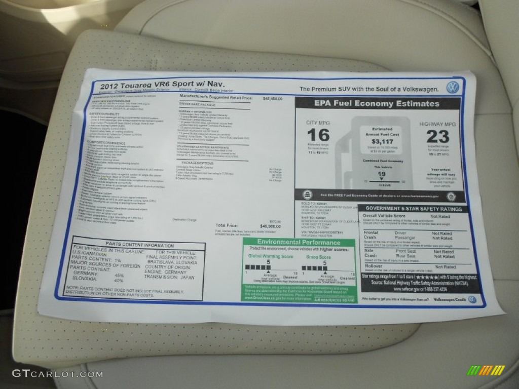 2012 Volkswagen Touareg VR6 FSI Sport 4XMotion Window Sticker Photo #61738242
