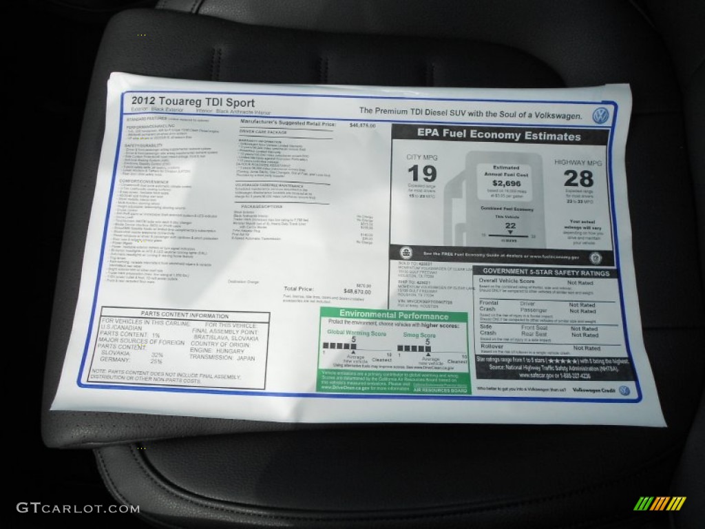 2012 Volkswagen Touareg TDI Sport 4XMotion Window Sticker Photo #61738457