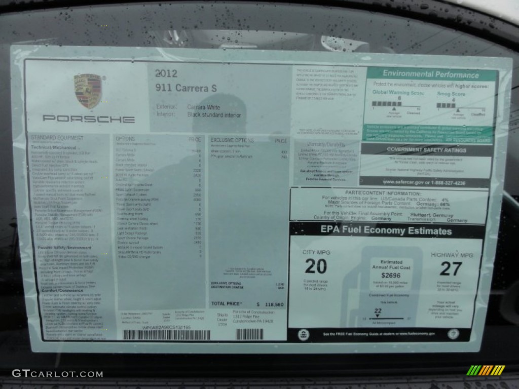 2012 Porsche New 911 Carrera S Coupe Window Sticker Photo #61742921