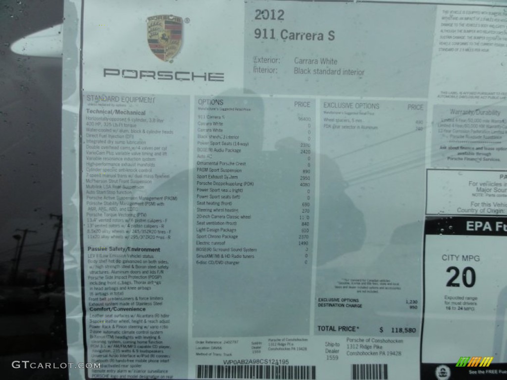 2012 Porsche New 911 Carrera S Coupe Window Sticker Photo #61742929
