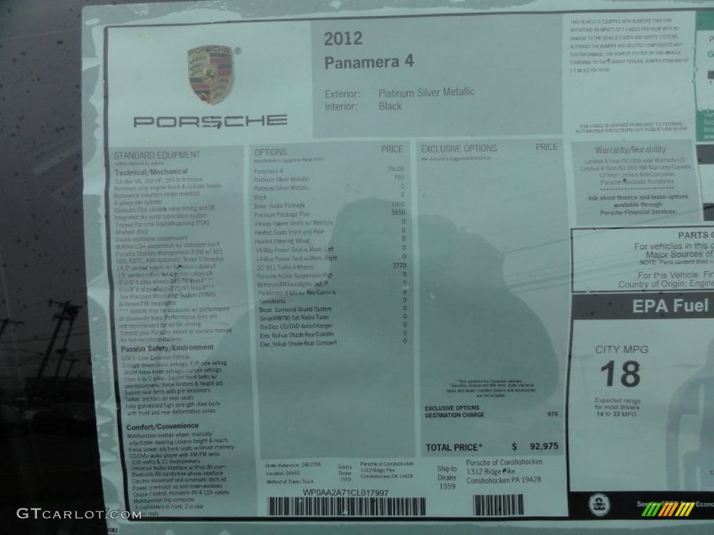 2012 Porsche Panamera 4 Window Sticker Photo #61743715