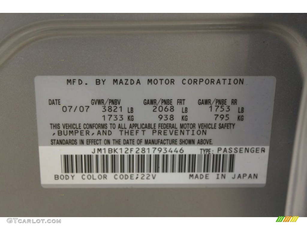 2008 MAZDA3 Color Code 22V for Sunlight Silver Metallic Photo #61745691