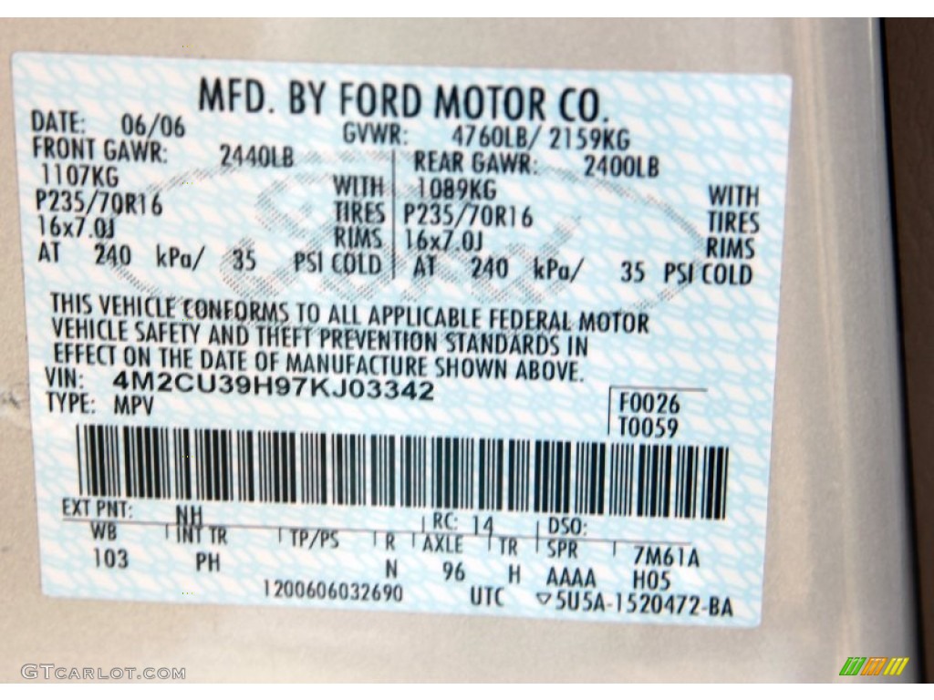 2007 Mercury Mariner Hybrid 4WD Color Code Photos