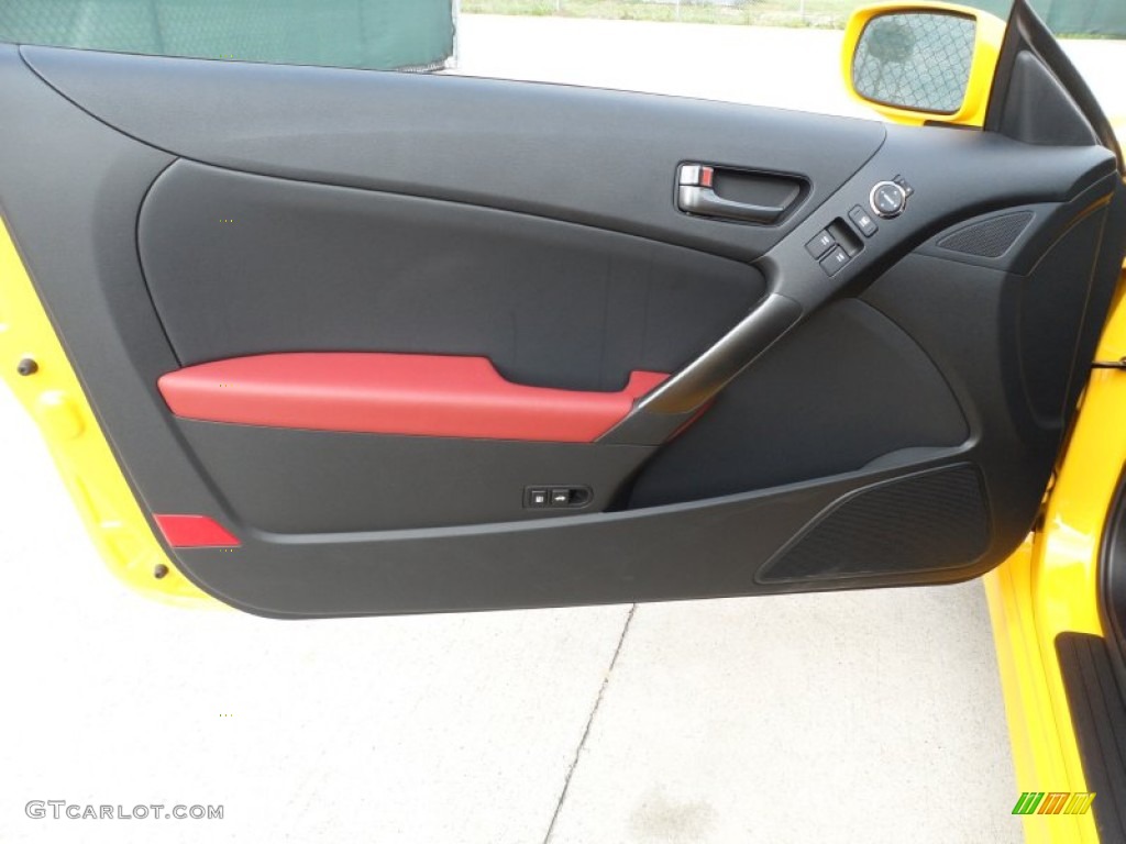 2012 Hyundai Genesis Coupe 3.8 R-Spec Black Leather/Red Cloth Door Panel Photo #61751901