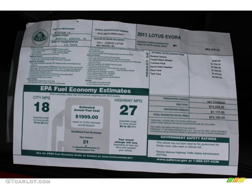 2011 Lotus Evora Coupe Window Sticker Photos