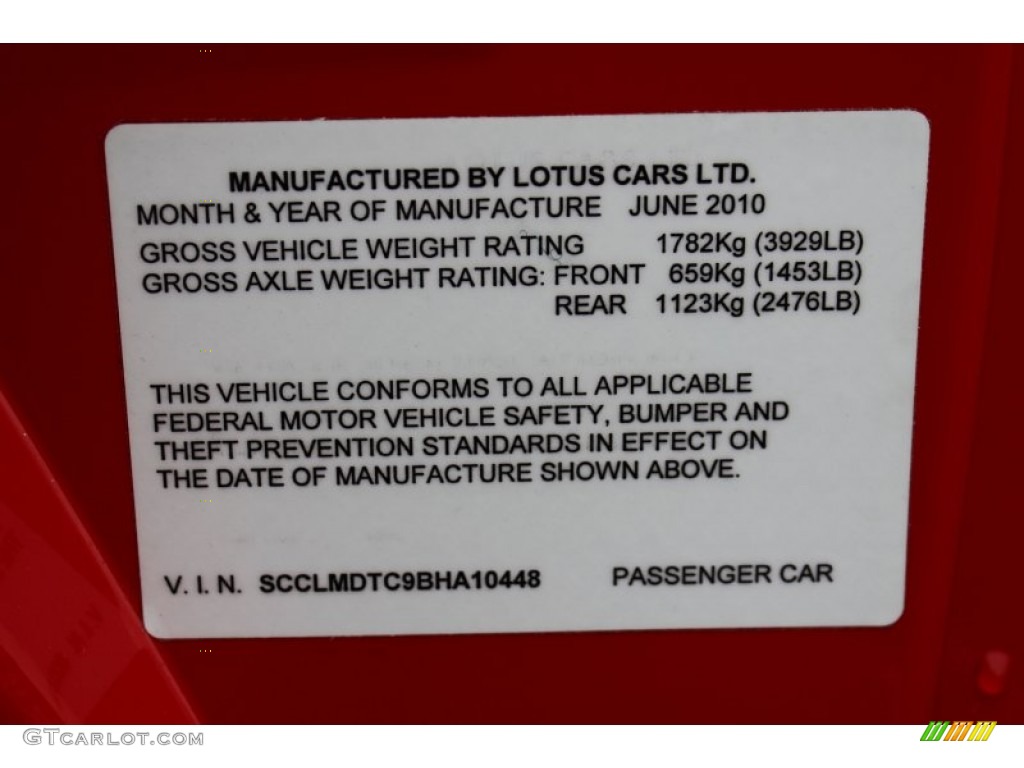 2011 Lotus Evora Coupe Info Tag Photo #61766567