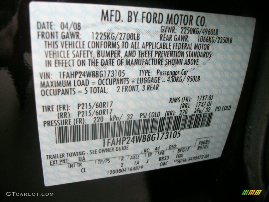 2008 Taurus Color Code UA for Black Clearcoat Photo #61771004