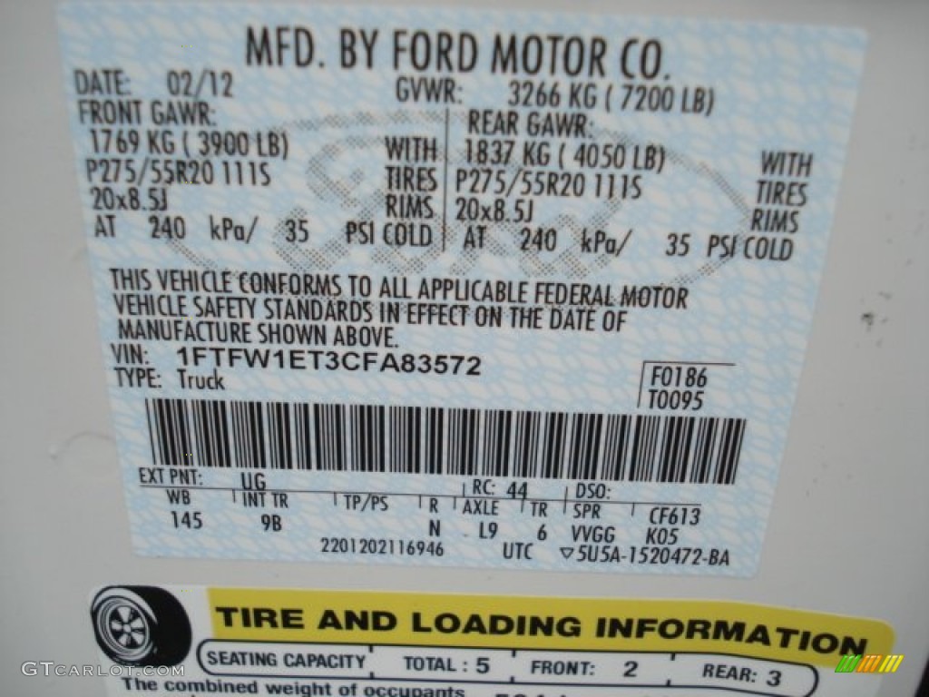 2012 F150 Color Code UG for White Platinum Metallic Tri-Coat Photo #61775498