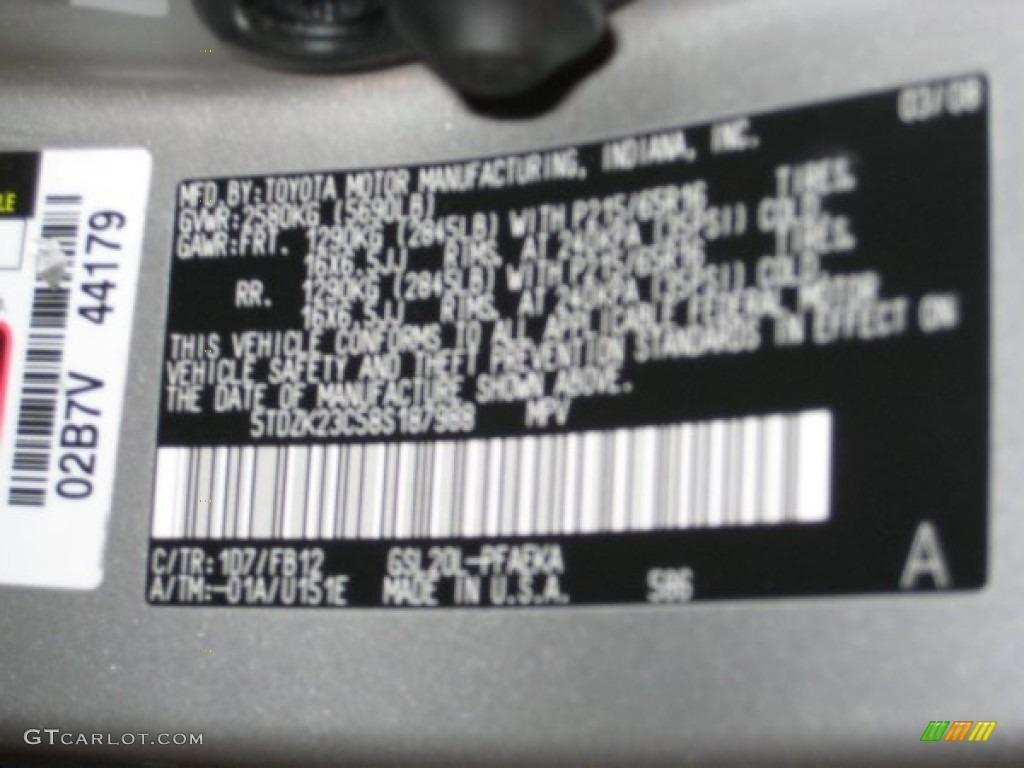 2008 Sienna Color Code 1D7 for Silver Shadow Pearl Photo #61776449