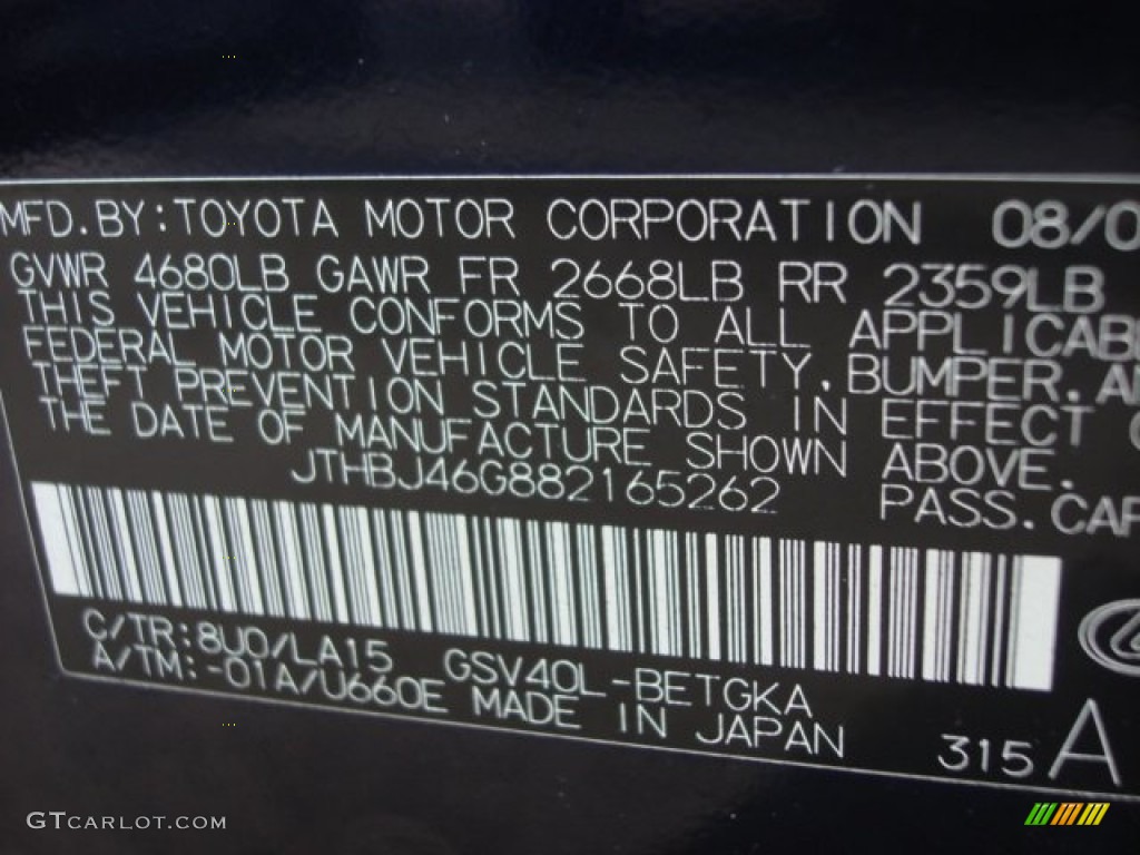 2008 ES Color Code 8U0 for Black Sapphire Pearl Photo #61780908