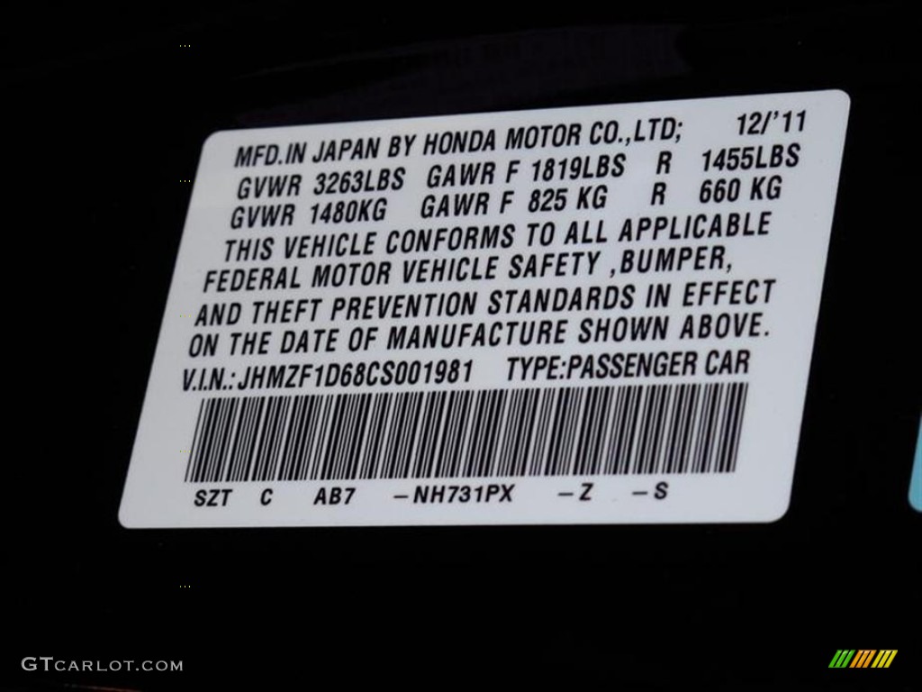 2012 CR-Z Color Code NH731PX for Crystal Black Pearl Photo #61784545