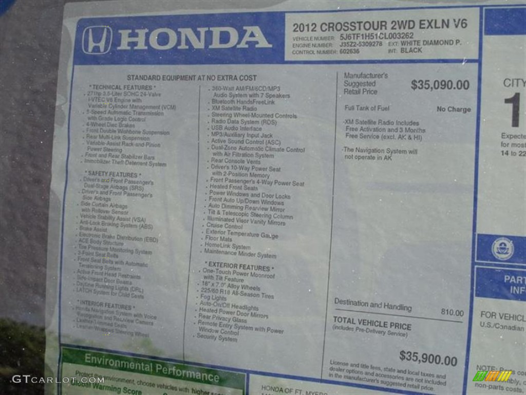 2012 Honda Accord Crosstour EX-L Window Sticker Photo #61784723