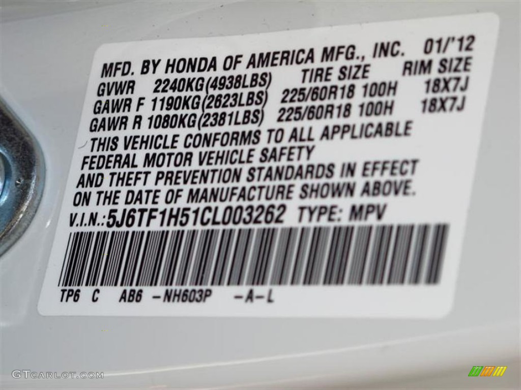 2012 Accord Color Code NH603P for White Diamond Pearl Photo #61784732