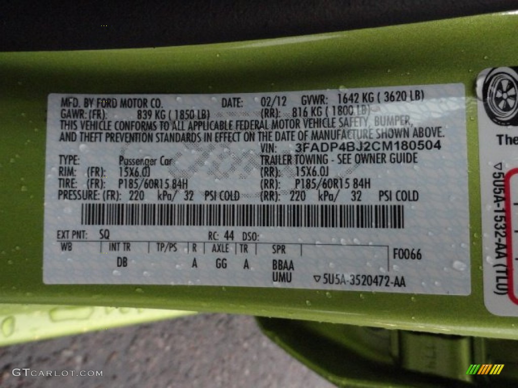 2012 Fiesta Color Code SQ for Lime Squeeze Metallic Photo #61784747