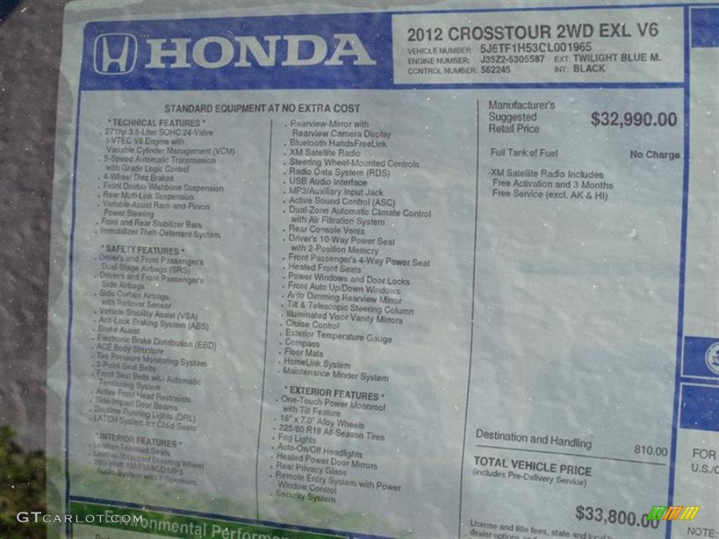 2012 Honda Accord Crosstour EX-L Window Sticker Photo #61784822